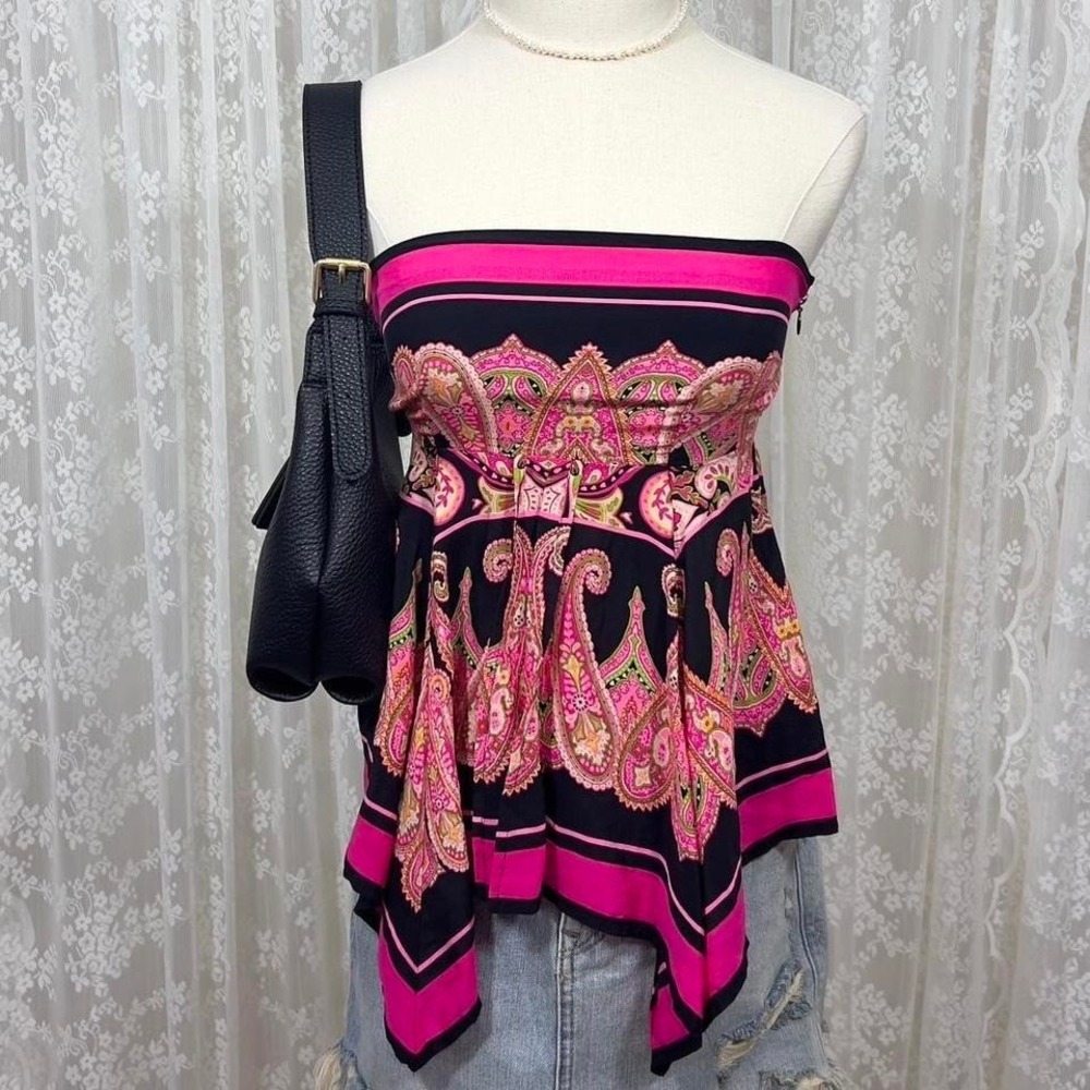 Y2K‎ Moda International 100% Silk Handkerchief Strapless Top Pink Black Women XS